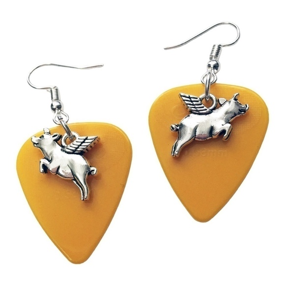 HAND Crafted Drop Earrings When Pigs Can Fly Repurposed Guitar Picks - Picture 4 of 6